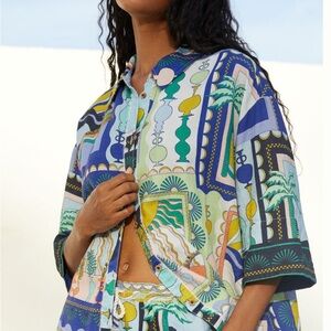 Anthropologie Short Sleeve Printed Linen Button Down Shirt in Novelty